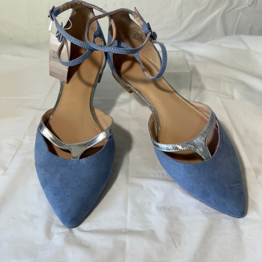 Zara pastel blue pointy flats with ankle straps
